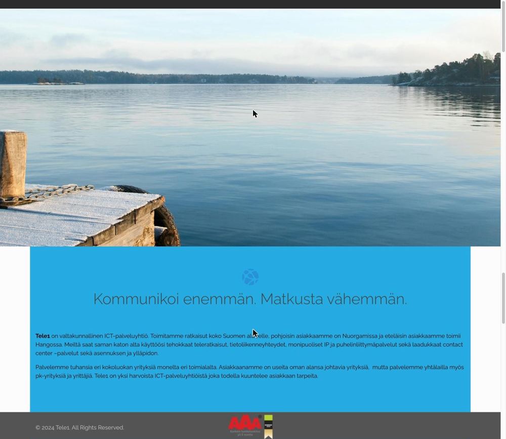 Tele1:n vanha etusivu: iso järvimaisema ja teksti sinisellä laatikolla