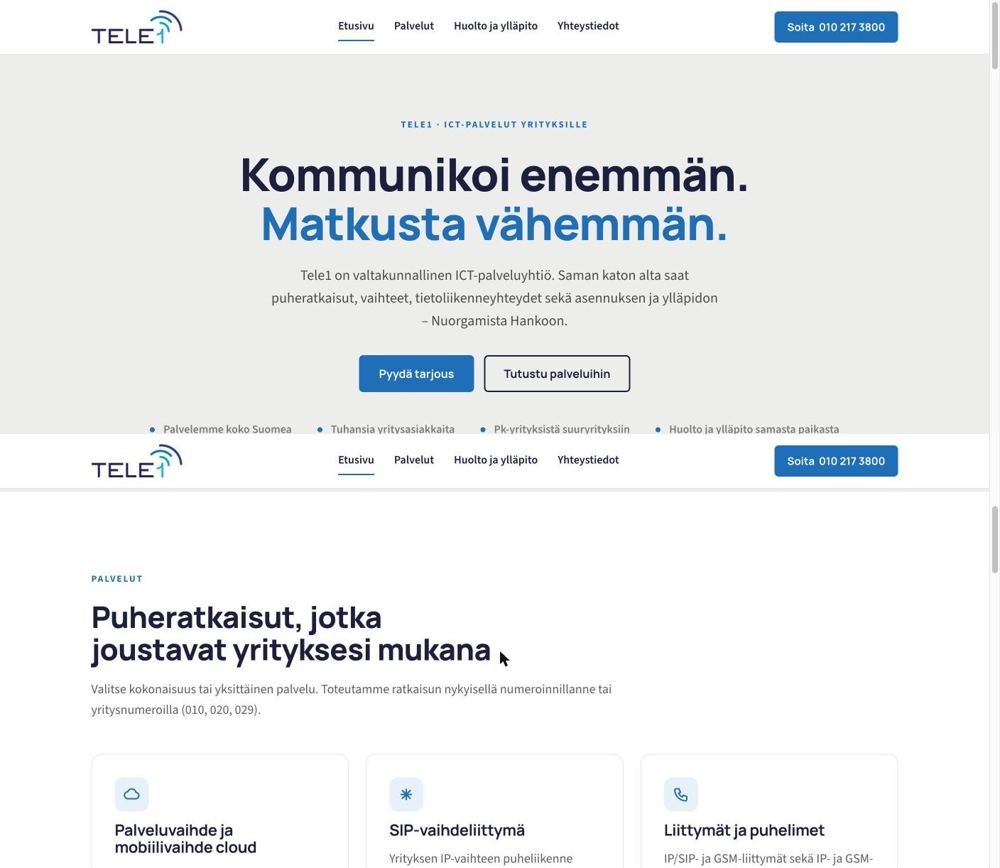 Tele1:n uusi etusivu: selkeä otsikko, Soita-painike ja tarjouspyyntö