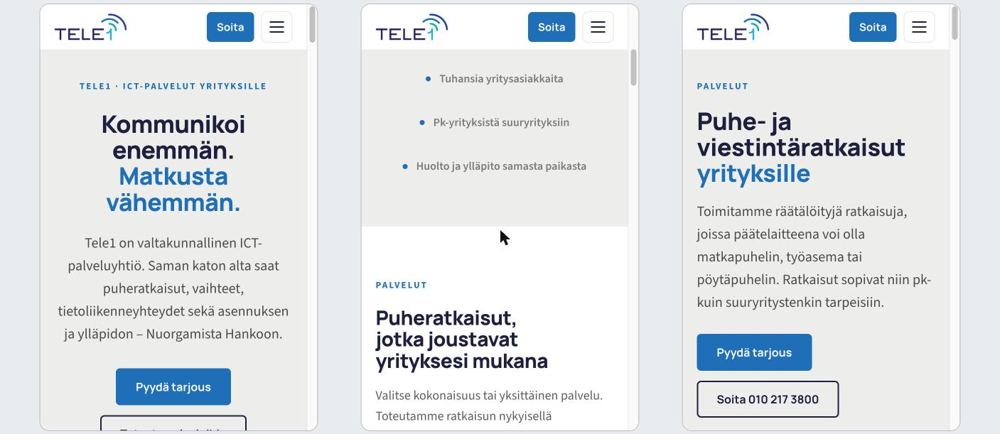 Tele1:n uusi sivu puhelimella